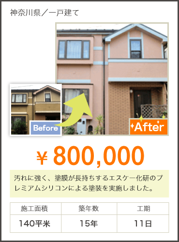 神奈川県/一戸建て ¥800,000 汚れに強く、塗膜が長持ちするエスケー化研のプレミアムシリコンによる塗装を実施しました。施工面積140平米 築年数15年 工期11日 Before After